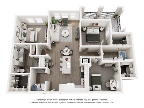 Floor plan for 3 beds, 2 baths, 1314 sqft